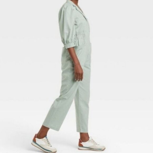 PUFF SLEEVE UTILITY JUMPSUIT LIGHT TEAL SEAFOAM GREEN WOMENS XS - Picture 3 of 5